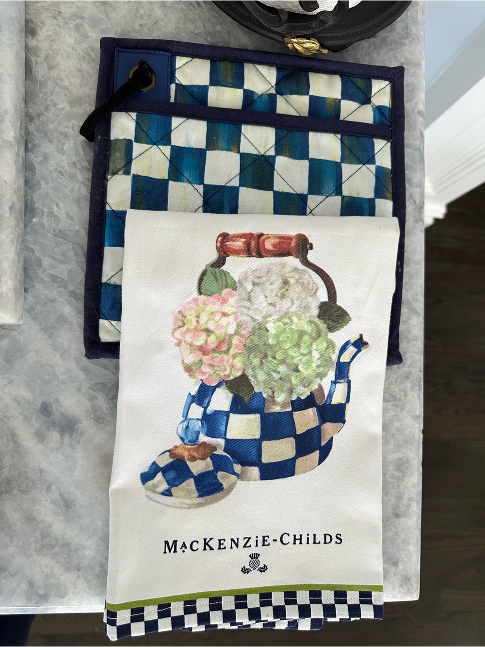 MacKenzie-Childs Blue Check Hydrangea Kitchen  Tea Towel and pot holder